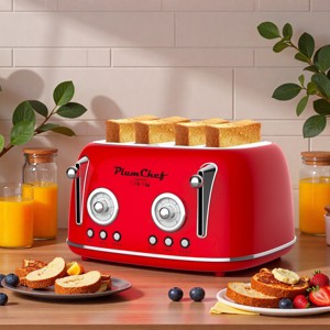 FONTOI Retro Toaster 4 Slice Stainless Steel Dual Control Toaster with Warming Rack, Crumb Tray, 6 Browning Settings, Red 13.7"* 12.2"*7.1" - 1 of 4
