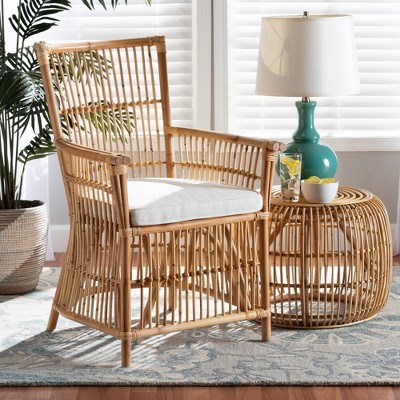 Rose White and Natural Rattan Accent Chair with Cushion