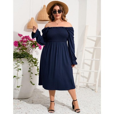 YesFashion Women's Plus Size Ruffle Long Sleeve Dress Square Neck High Waist Smocked Tunic Maxi Dress A Line Dress