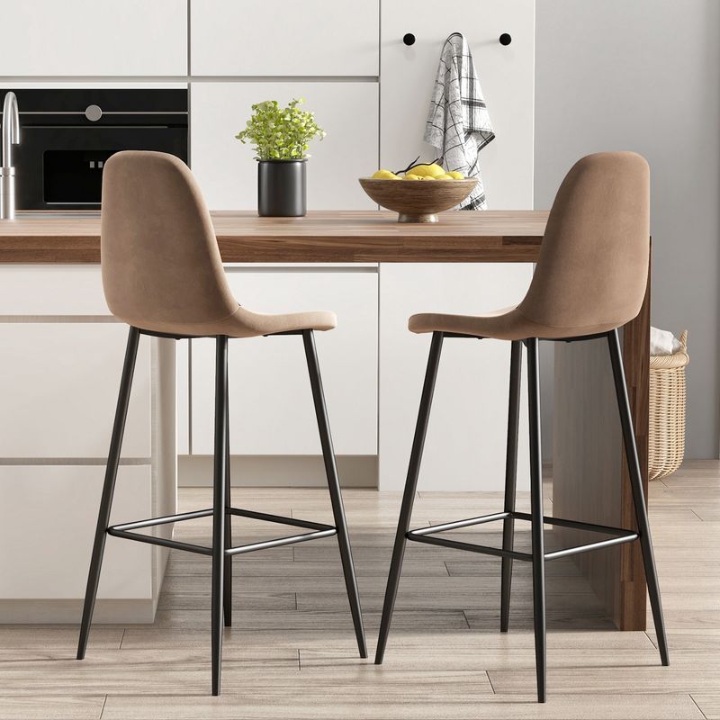 Costway Set of 2 Bar Stools 29.5'' Velvet Upholstered High Back Bar Chairs Kitchen Brown/Grey, 2 of 8