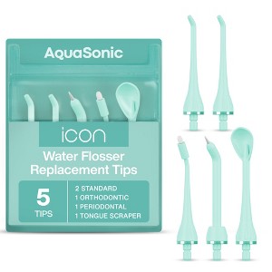 AquaSonic Icon Water Flosser Replacement Tips – 5 Tips, Standard, Periodontal, Orthodontic & Tongue Scraper - Genuine, Authentic Part - 1 of 4