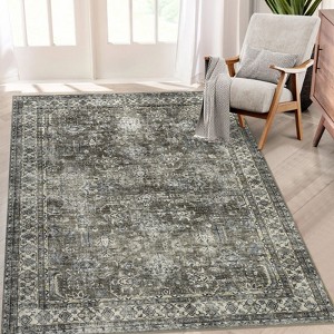 Area Rug Washable Rug Vintage Traditional Mat Distressed Indoor Foldable Accent Rug Floral Non Slip Low Pile Carpet - 1 of 4