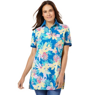Woman Within Plus Size Perfect Printed Short-Sleeve Polo Shirt