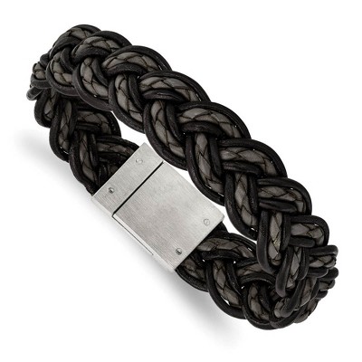 Black Bow Jewelry Men's 17mm Woven Black & Gray Leather Stainless Steel Bracelet, 8.5 In