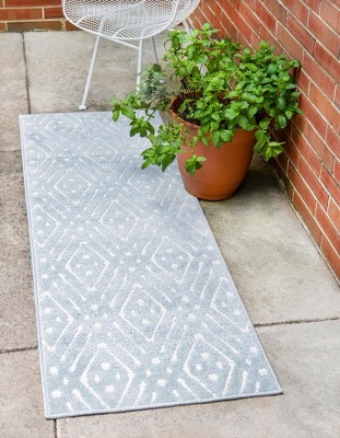 Light Blue Geometric Flat Woven Outdoor Runner Rug