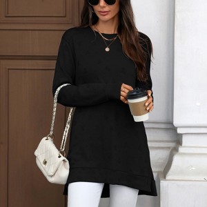 Women's Solid Color Crew Neck Loose Long - Sleeve Split T - Shirt - 1 of 4