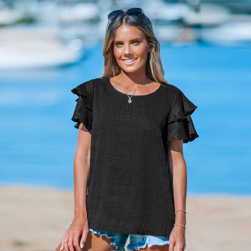 Women's Black Tiered Ruffle Sleeve Blouse - Cupshe, 3 of 6