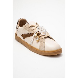 Taren - Beige Leather Pearl Buckle Sneakers (Women) | Forever & Always Shoes - 1 of 4