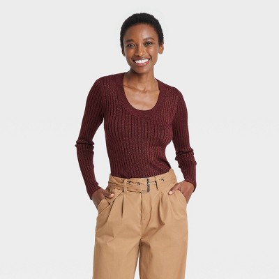 Women's Fine Gauge Scoop Neck Sweater - A New Day™ Burgundy Xs : Target