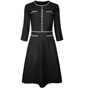 Hobemty Women's Elegant Office 3/4 Sleeve Tweed Trim Round Neck A-Line Dress - 1 of 4