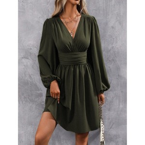 Womens Dress Wrap V Neck Fall Winter Lantern Sleeve Ruffle Waist Midi Dress - 1 of 3