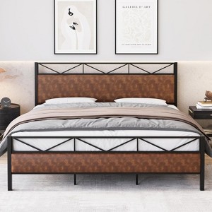 Homhougo Full Size Bed Frame with Headboard, Upholstered Platform Bed Frame with 14 Strong Metal Slats, 11" Under-Bed Storage, Noise-Free, Brown - 1 of 4