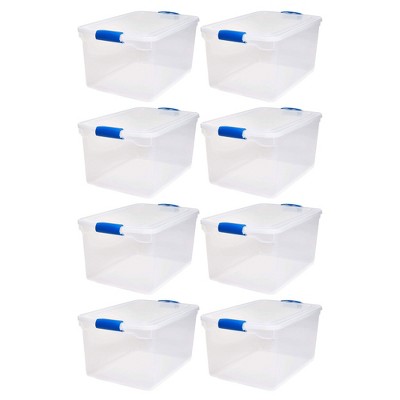 Homz Heavy Duty Modular Stackable Storage Tote Containers with Latching Lids, 66 Quart Capacity for Home or Garage Organization, Clear, 8 Pack
