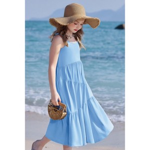 Arshiner Girls Summer Sleeveless Maxi Dress Spaghetti Strap Flowy Boho Beach Vacation Long Dress-Clear Blue-150