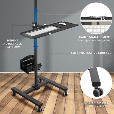 Black Height Adjustable Mobile Computer Cart with Monitor Mount and CPU Holder