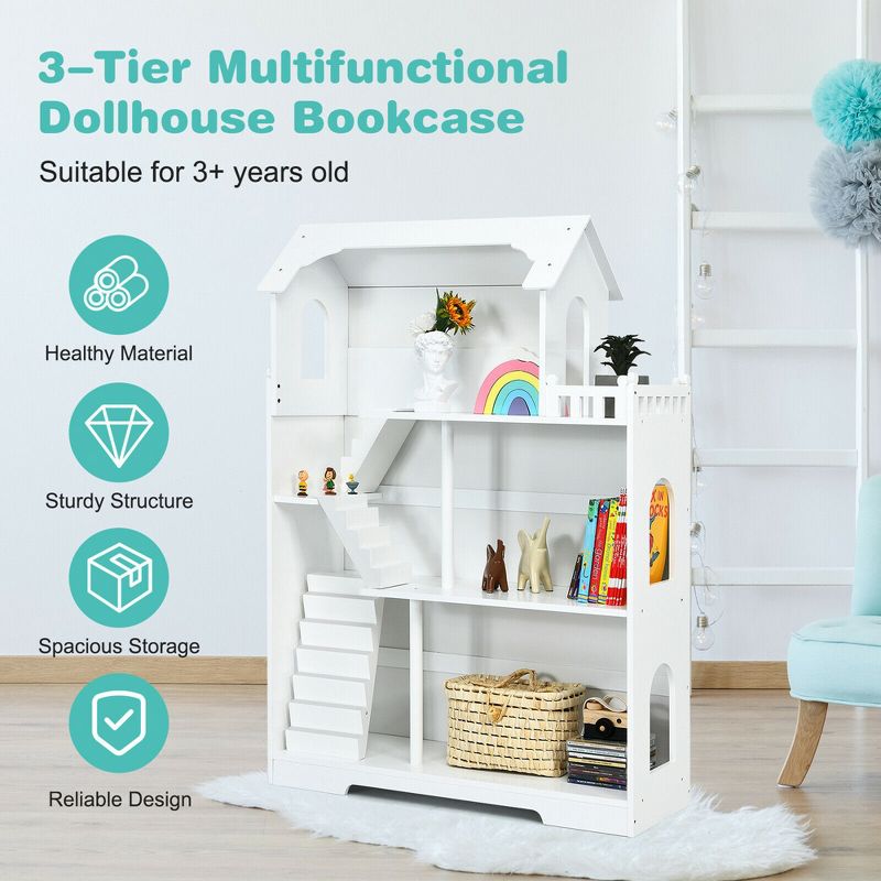 Costway 3-Tier Wooden Dollhouse Bookcase Children's Bookshelf in Kid's Room Gift for 3+ White/Grey, 5 of 10