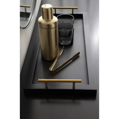 Elegant Black and Gold Rectangular Wooden Tray with Polished Handles, 24x10