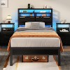 Furnulem Twin Bed Frames with Charging Station and LED Lights Wood Headboard with 2 Fabric Drawers and Storage Shelves Platform Bed with Metal Slats - 2 of 4