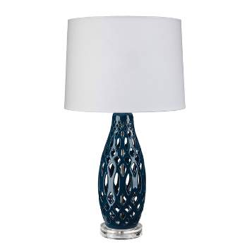 Filigree Ceramic Table Lamp with Cone Linen Shade Blue - Splendor Home