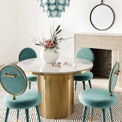 Sea Blue Velvet Upholstered Side Chair with Gold-Tipped Legs