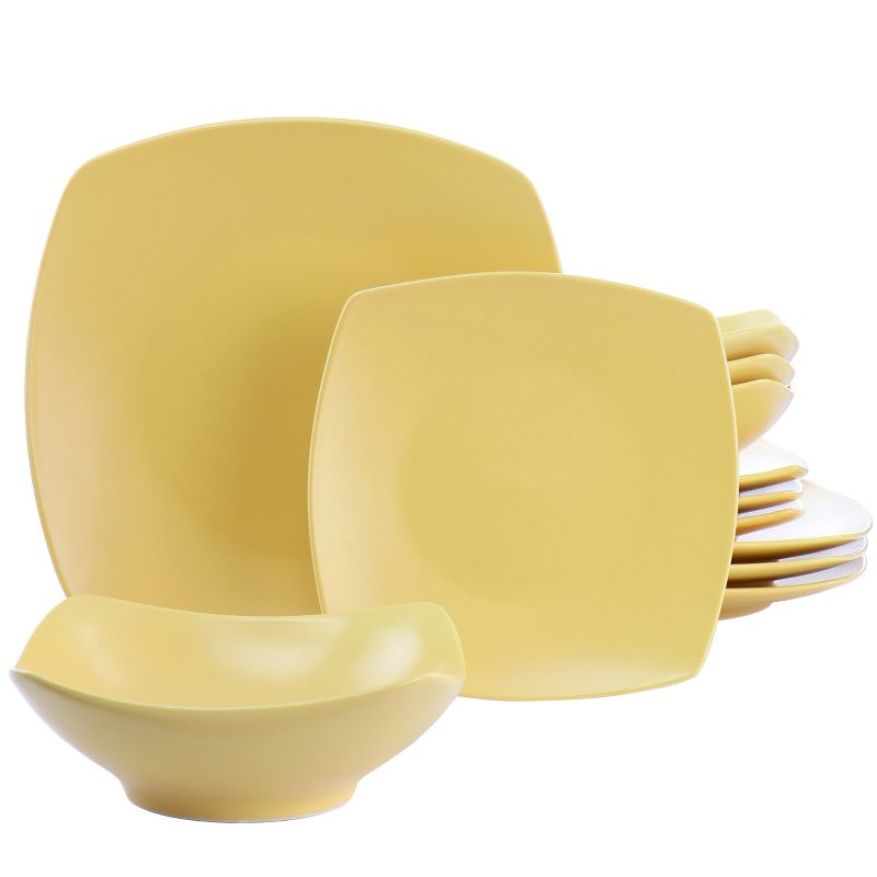 Gibson Home Zen Buffetware 12 Piece Square Fine Ceramic Dinnerware Set in Matte Yellow, 1 of 8