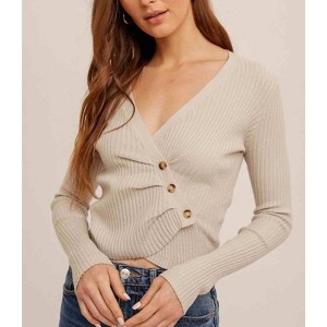 Women's Asymmetrical Pleat Ribbed V Neck Top - Hem & Thread - 1 of 4