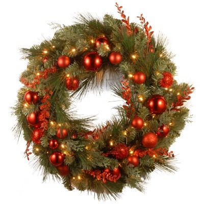24" Prelit Evergreen Christmas Wreath with Ball Ornaments and Red Sprigs White Lights - National Tree Company