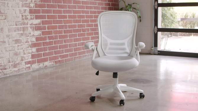 Emma and Oliver High Back Orange Mesh Ergonomic Office Chair with Black Frame and Flip-up Arms, 2 of 16, play video