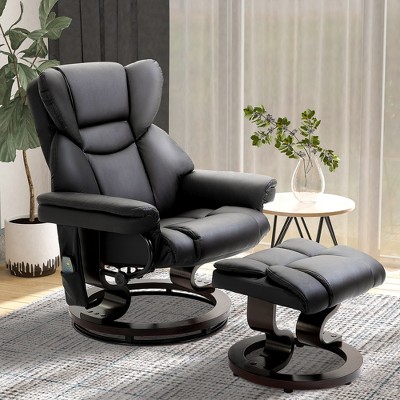 Black Faux Leather Massage Recliner with Ottoman and Metal Base