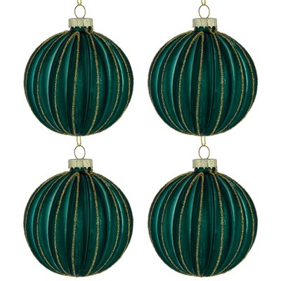 Northlight Glittered Ribbed Glass Christmas Ball Ornaments - 3" (75mm) - Green and Gold - 4ct