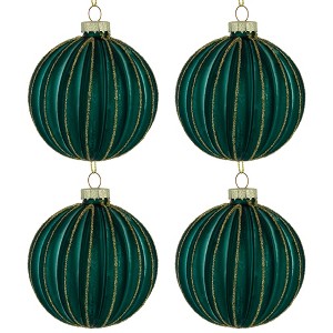 Northlight Glittered Ribbed Glass Christmas Ball Ornaments - 3" (75mm) - Green and Gold - 4ct - 1 of 4