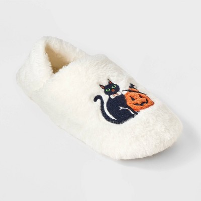 Women's Black Cat and Pumpkin Embroidered Halloween Faux Fur Slipper Socks with Grippers - Hyde and EEK Boutique™ Ivory/Black/Orange