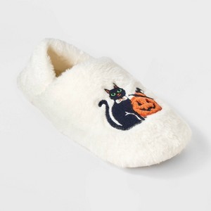Women's Black Cat and Pumpkin Embroidered Halloween Faux Fur Slipper Socks with Grippers - Hyde and EEK Boutique™ Ivory/Black/Orange - 1 of 4