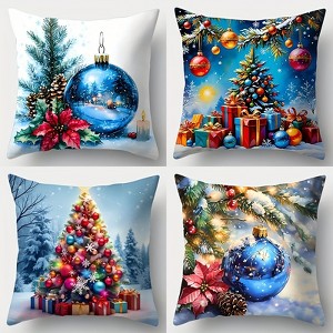 Lomsoe 4pcs Christmas Throw Pillow Covers, Contemporary Style, Zipper Closure, Festive Christmas Ball and Tree Designs, for Living Room Sofa Decor. - 1 of 4