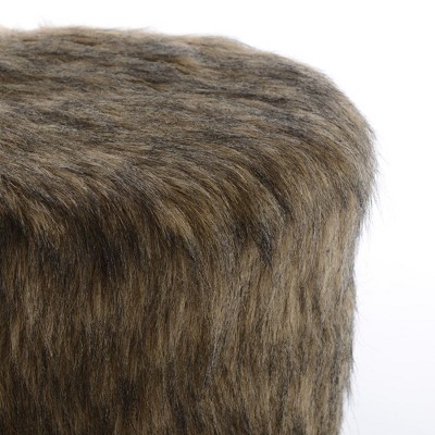 Brown Faux Fur Round Foot Stool with Wooden Legs