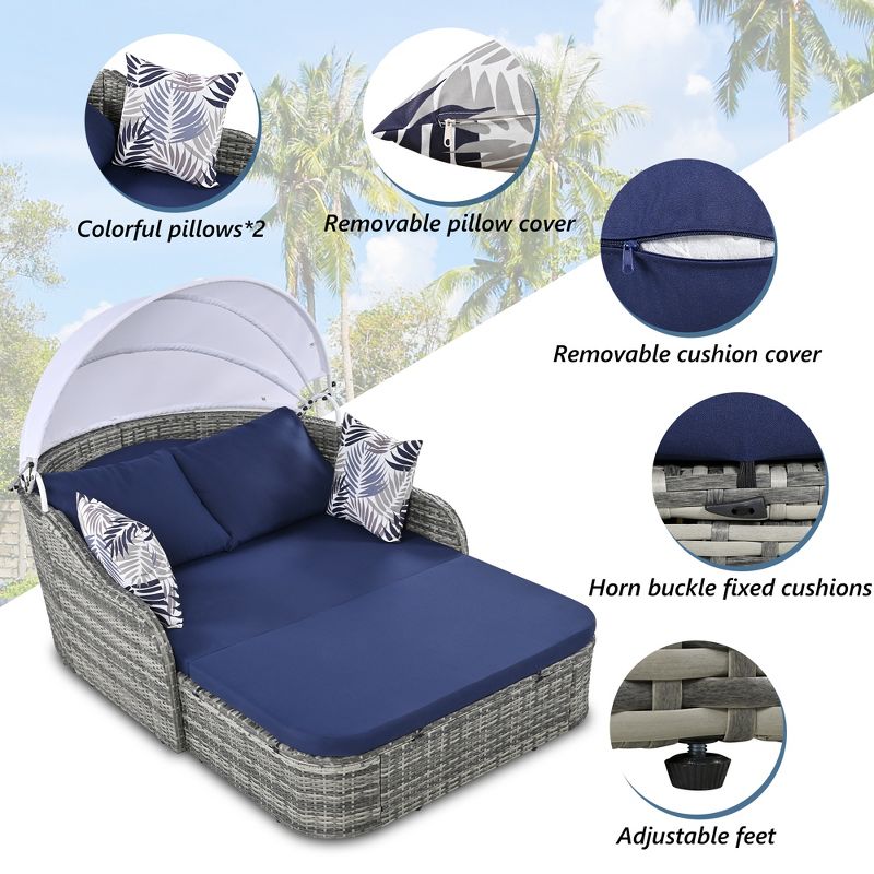 Outdoor Sunbed with Adjustable Canopy, PE Rattan Daybed with Double lounge- ModernLuxe, 4 of 11
