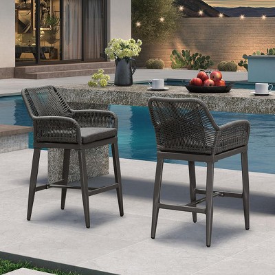 PURPLE LEAF Outdoor Rattan Bar Stools Set of 2 Modern Boho Aluminum Patio Bar Height Chair with Cushion for Garden Outdoor and Indoor