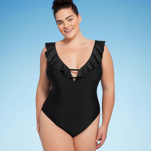 Women's Mesh Front One Piece Swimsuit - Shade & Shore™ Black L  Plunging  one piece swimsuit, One piece swimsuit, Women swimsuits