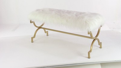 Chic Gold Metal 42" Entryway Bench with White Faux Fur Cushion