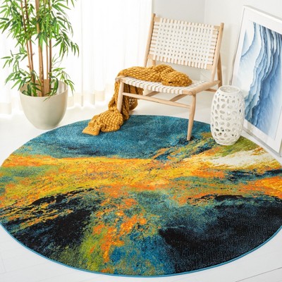 Galaxy Round Blue and Yellow Abstract Synthetic Rug