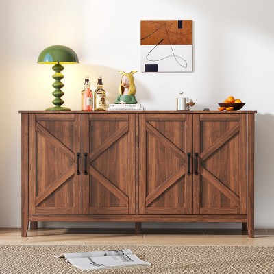 Cabinet with 4 Doors & 4 open shelve Modern Credenza, Freestanding Sideboard Storage Cabinet Entryway Floor Cabinet for Living Room Bedroom