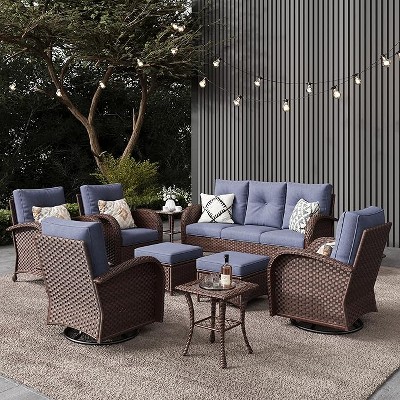 LayinSun Outdoor Patio Furniture Set, Brown Rattan Wicker Sectional Swivel Rocker Chairs Sets