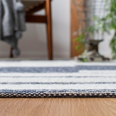 Ivory and Navy Striped Kilim 7' Square Wool-Cotton Rug
