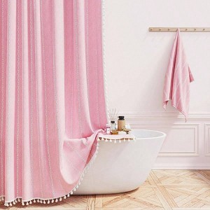 Extra Long Pink Boho Shower Curtain 72x84, Striped Tassel Linen Fabric with 12 Hooks, Heavy Duty for Bathroom - 1 of 4
