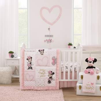 Disney Minnie Mouse My Happy Place Pink, Black, Gray, and White 3 Piece Nursery Crib Bedding Set