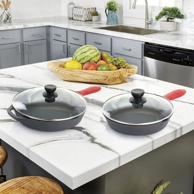 Pre-Seasoned 6 Piece Cast Iron Skillet Set with Lids and Red Silicone Holders