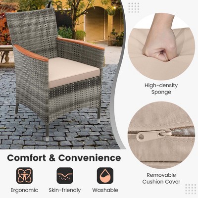 Mix Gray 9-Piece Outdoor Wicker Dining Set with Acacia Wood Table and Beige Cushions