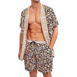 Men's Lightweight Robe with Shorts 2 Piece Floral Hawaiian Short Sleeve Cardigan and Beach Shorts Sets - 1 of 4