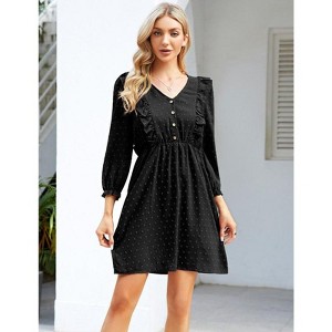 Coolmee Women's Wrap V Neck Swing Ruffle  Dots Long Sleeve High Waist Mini Dress with Button Details - 1 of 4
