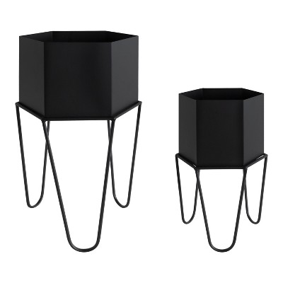 Kate and Laurel Jarvan Planter Hexagon Metal Freestanding Planter, 2 Piece, Black